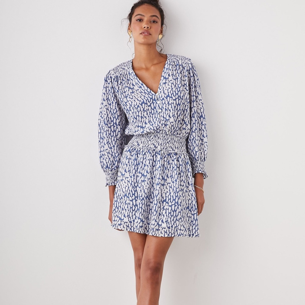 Rails Blue and White Printed Long-Sleeve Smocked Dress